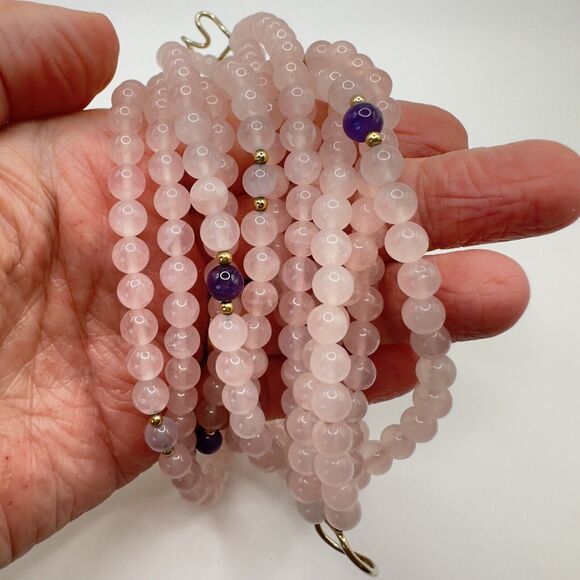 Rose Quartz Necklace with Amethyst & Gold Tone Spacer Accents 4 Strands & 24 In - Picture 5 of 9